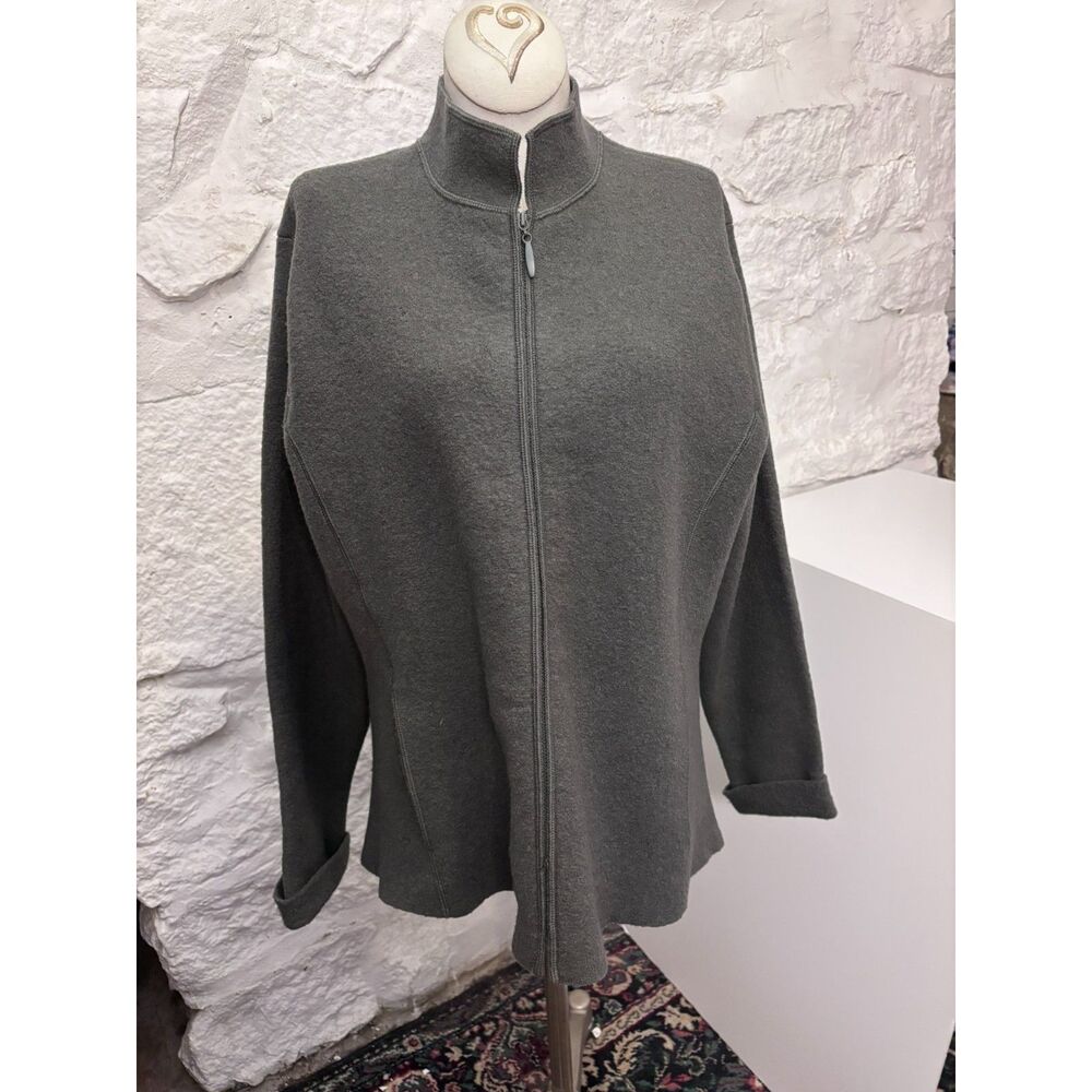 Eileen Fisher Charcoal 100% Boiled Wool Zip Front Jacket Stand Collar Minimalist